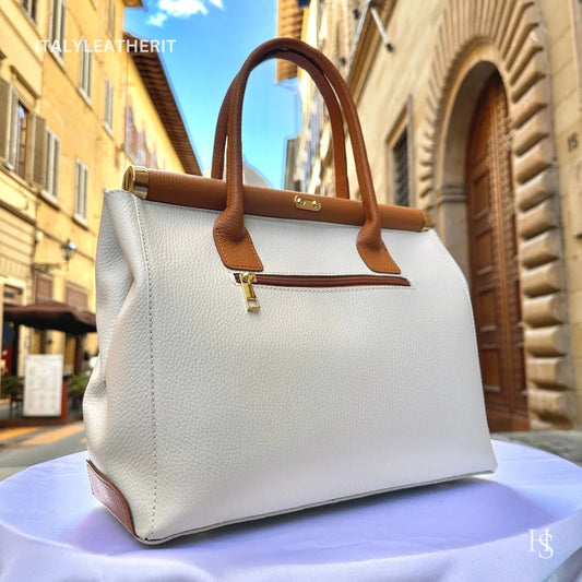 CH03 – Italian Handmade Leather Bags for Women - Elegant White Brown Leather